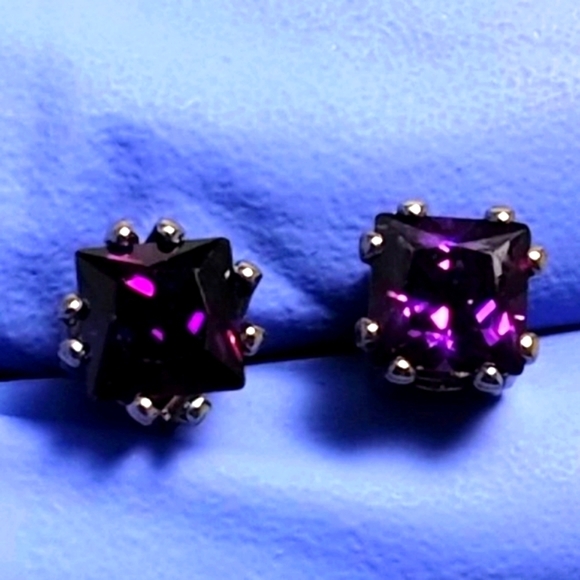 Chic Purple Cubic Zirconia Princess Cut Stud Earrings – Sterling Silver Overlay - Picture 3 of 6